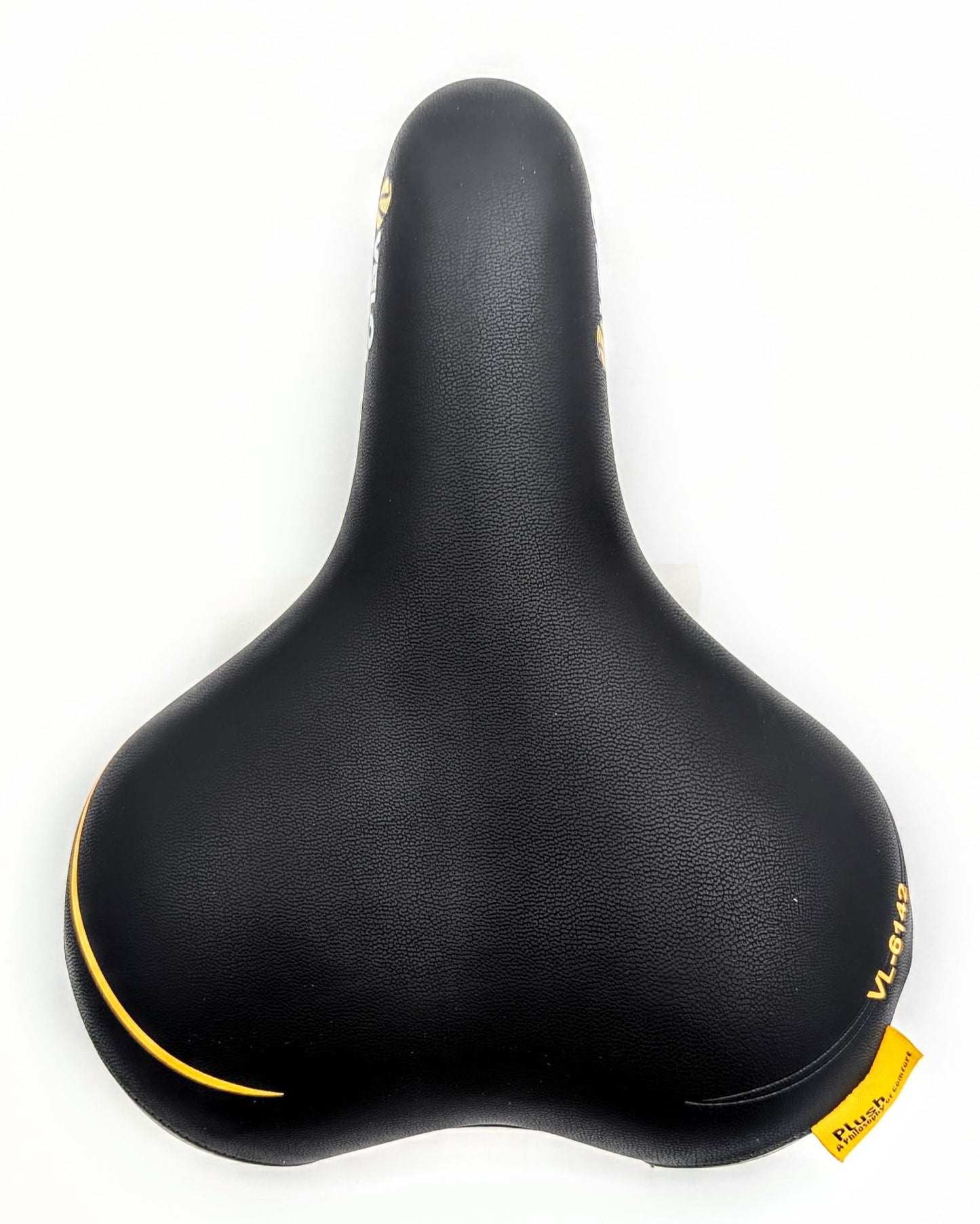 Velo Plush Saddle showing a wide, cushioned bicycle saddle with a smooth surface and ergonomic design for comfortable riding.