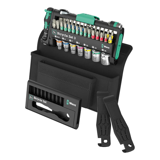Wera Bicycle Set 3 tool kit with various bike repair tools and wrenches, compact and organized in a durable case.
