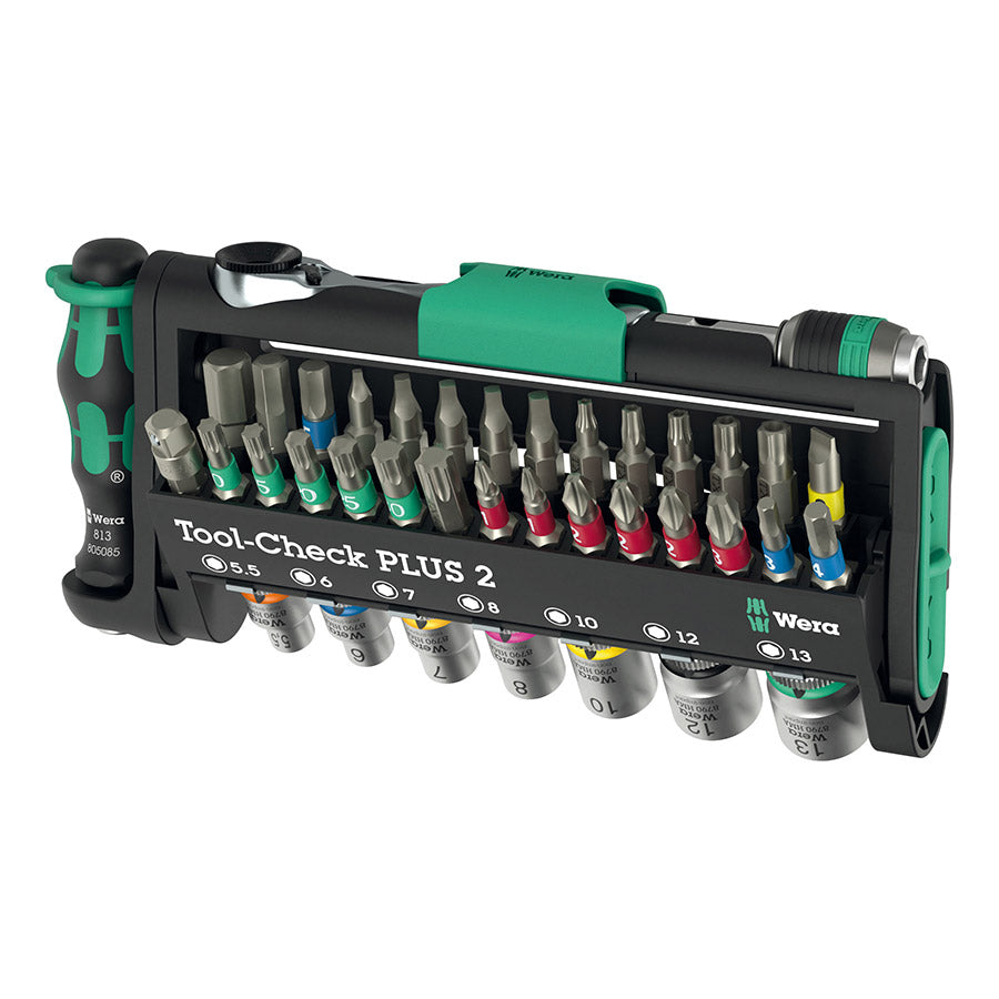 Wera TOOL-CHECK PLUS 2 general shop tools set with metric and imperial sizes, featuring various screwdrivers and bits.