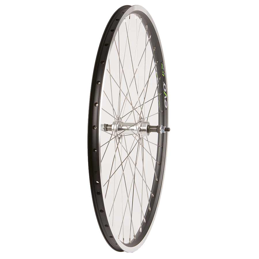 Black and stainless double wall 26-inch Evo Tour 19 Wheel from Wheel Shop, featuring 36-hole design and quick-release hub.