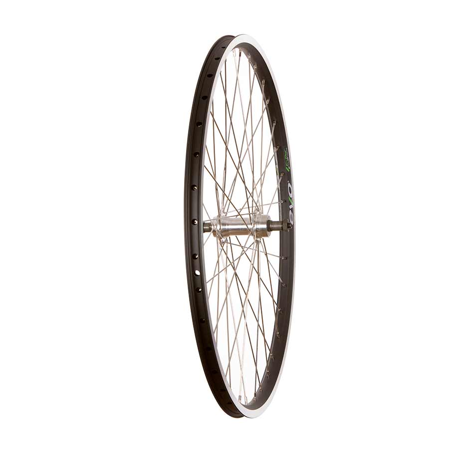 Black and stainless double wall 26-inch Evo Tour 19 Wheel from Wheel Shop with QR and 36-hole rim for mountain biking.