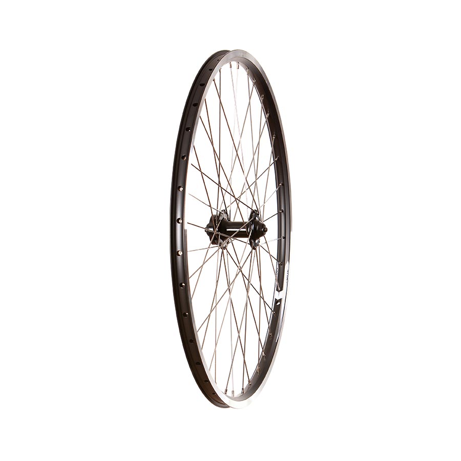 Wheel Shop Evo Tour 19 black and stainless 27.5-inch double wall mountain bike wheel with 36 spokes and quick-release front hub