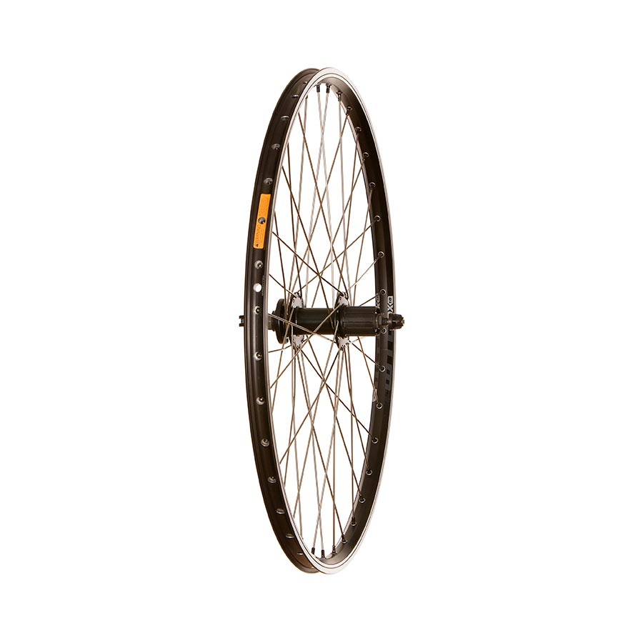 Front view of WTB DX18 QR 26-inch wheel with disc brake mount, 36-hole rim, and disc, designed for mountain biking.