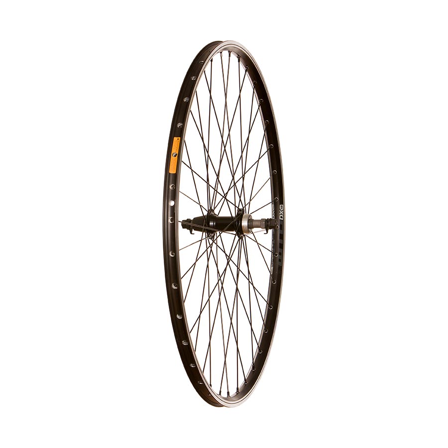 Front wheel of WTB DX18 29-inch bicycle wheel with 36-spoke 622-hole rim and 100mm bolt-on hub, suitable for mountain biking.