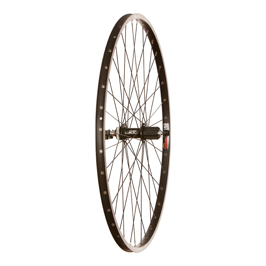 Front wheel featuring Shimano XT M8000 hub with 36-spoke 700C rim, disc brake compatibility, and quick-release skewer.