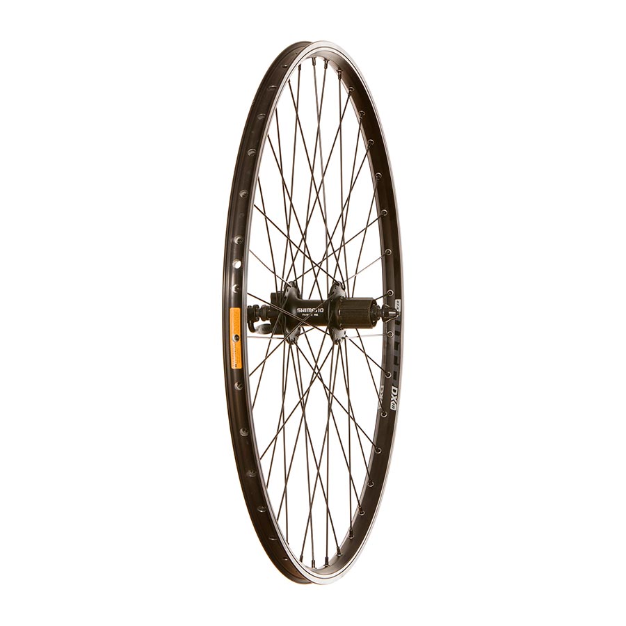 Front wheel with 26-inch Shimano HB-M475 hub, 36-spoke rim, disc brake mount, quick-release, suitable for mountain bikes.