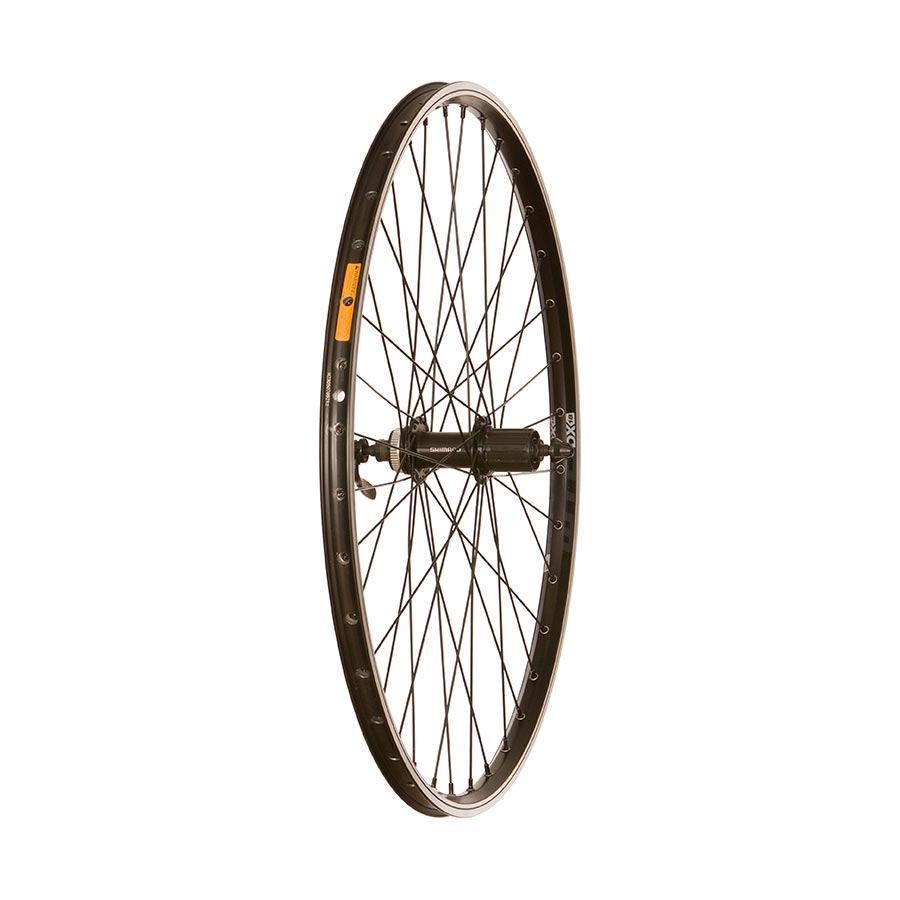 Front wheel with 26-inch WTB DX18 rim and Shimano QC300 hub, featuring 36 spokes, quick-release, and disc brake compatibility.