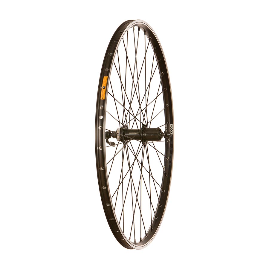 Front wheel from Wheel Shop with WTB DX18 27.5 rim, Shimano QC300 hub, 36 spokes, quick-release, disc brake compatible.