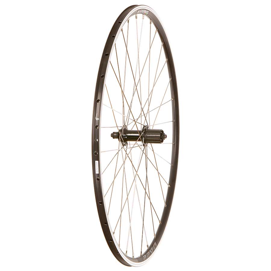 Black Alex DA22 Shimano RS400 wheel with 700c rim, 32-hole, quick-release, front view, featuring a sleek black finish.
