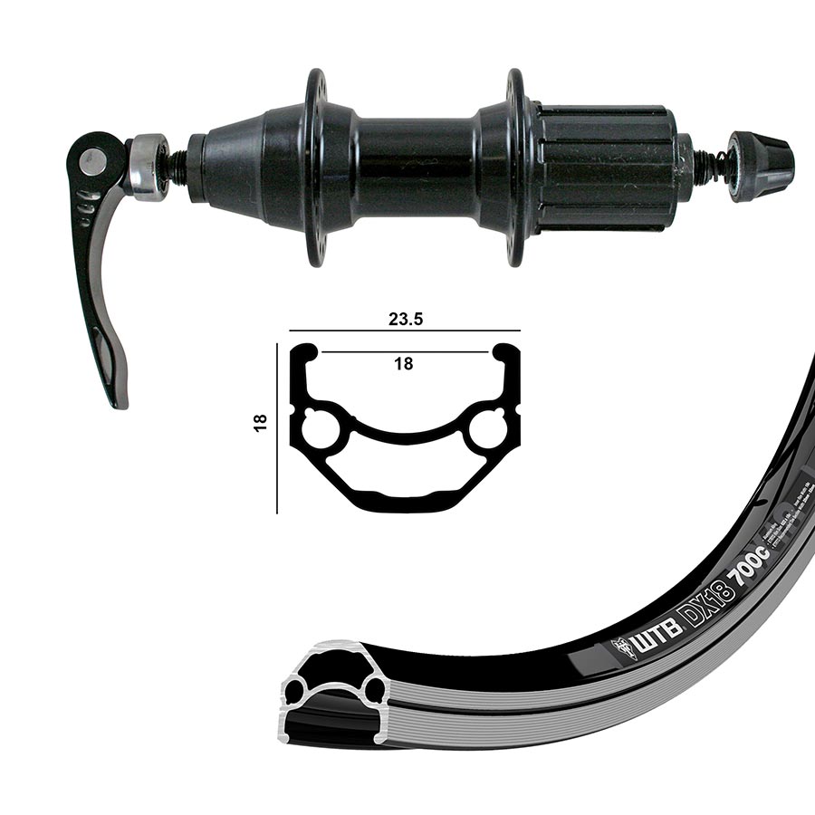 Front WTB DX18 QR 700C wheel from Wheel Shop, 29-inch bike wheel with 36 spokes and 100mm rim width.