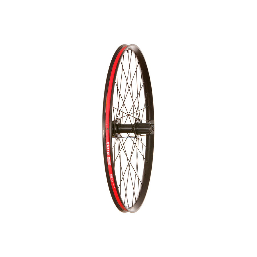 WTB STi23 TCS Formula wheels front view, 24-inch MTB wheel with 32 quick-release spokes and 100mm disc mount, black finish