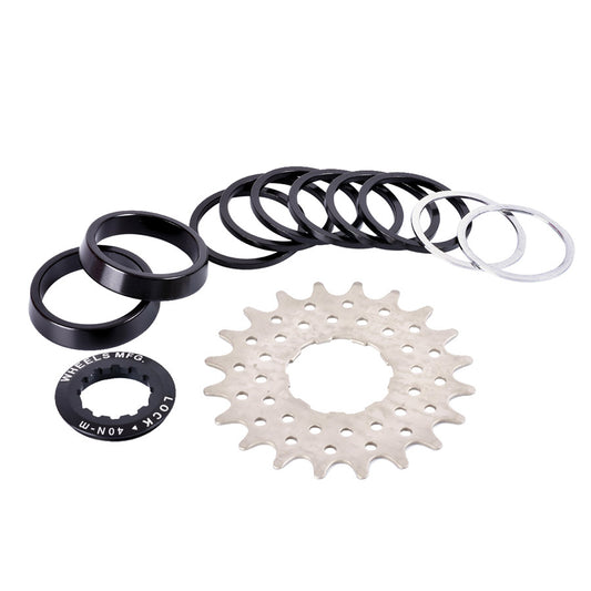 Wheels Manufacturing 20T HG cassette spacers and kit with various metal spacers and tools for bike cassette installation.