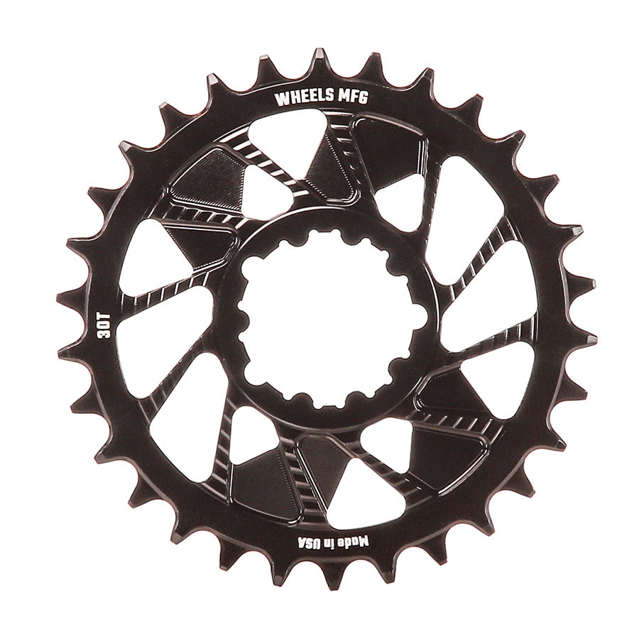 Black aluminum Wheels Manufacturing 3-Bolt Hyperglide+ chainrings for 30-speed SRAM 12 BCD direct mount bike cranksets