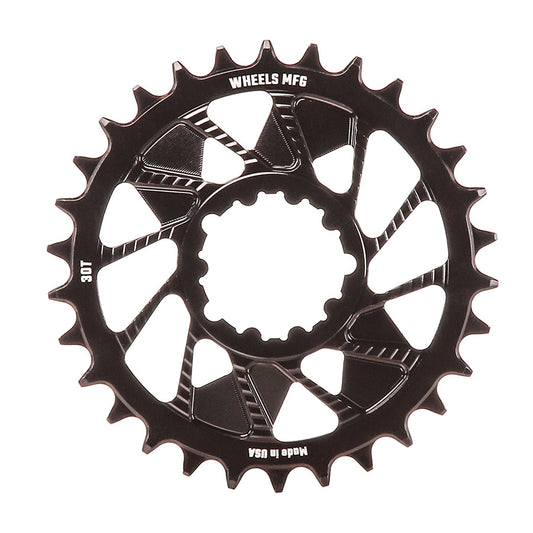 Black aluminum Wheels Manufacturing 3-Bolt Hyperglide+ chainrings for 30-speed SRAM 12 BCD direct mount bike cranksets