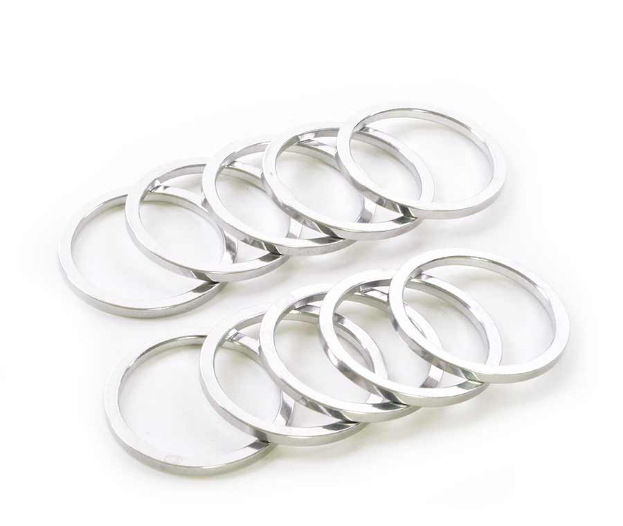 Wheels Manufacturing aluminum headset spacer set with 1.5mm, 2.5mm, 5mm, 7.5mm, and 10mm spacers for bicycle headsets, 105 pieces