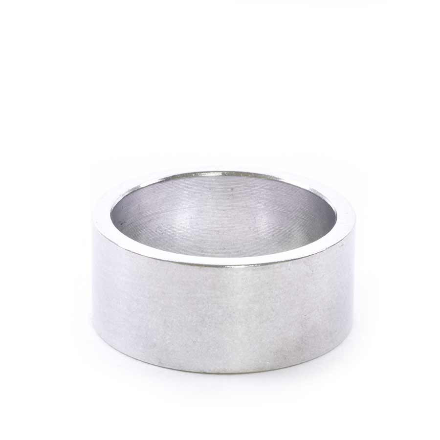 Set of Wheels Manufacturing aluminum headset spacers in various sizes including 1.5mm, 5mm, and 10mm, for bike headset assembly.