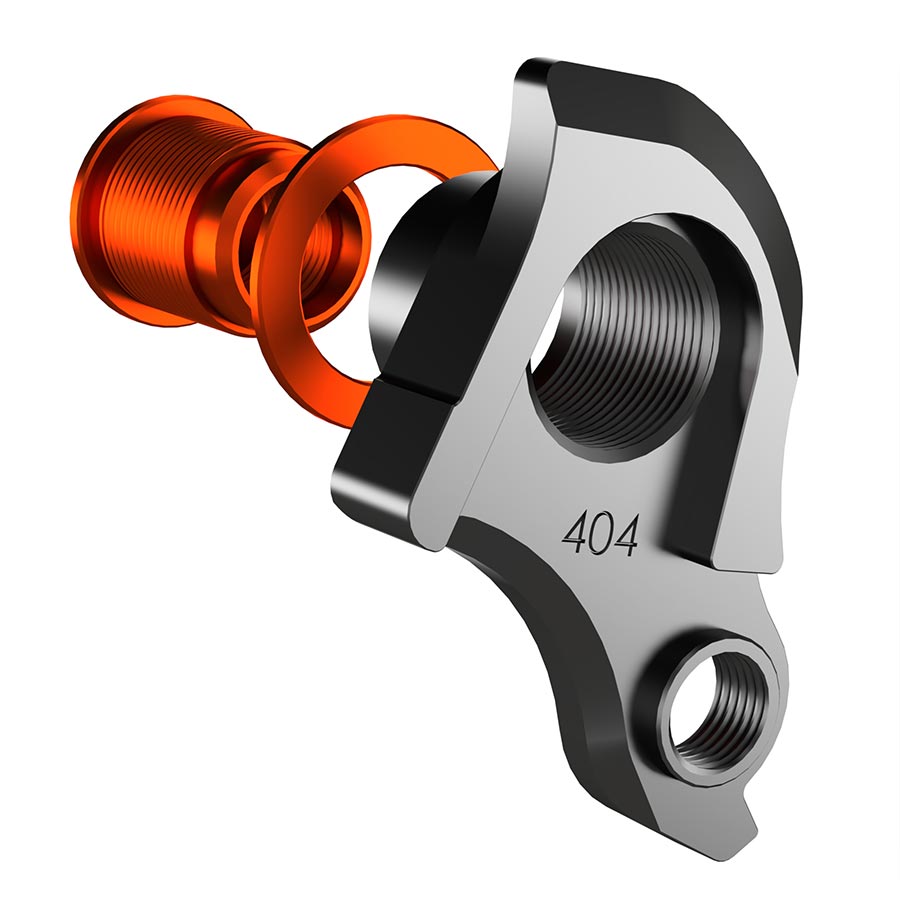 Wheels Manufacturing Dropout-404-02 UDH derailleur hanger for bike frame, close-up of the black metal component on a white background.