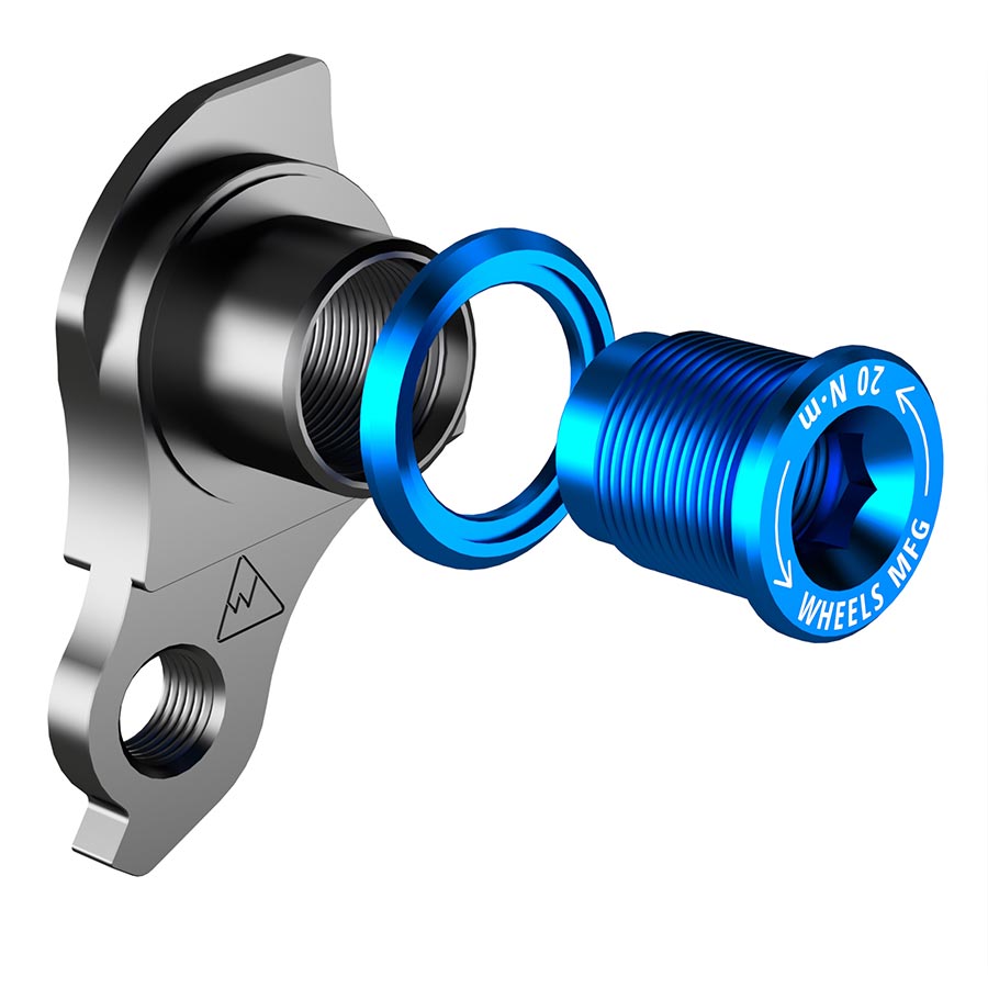 Wheels Manufacturing Dropout-404-02 UDH derailleur hanger for bike frame, close-up of black metal component with branding.