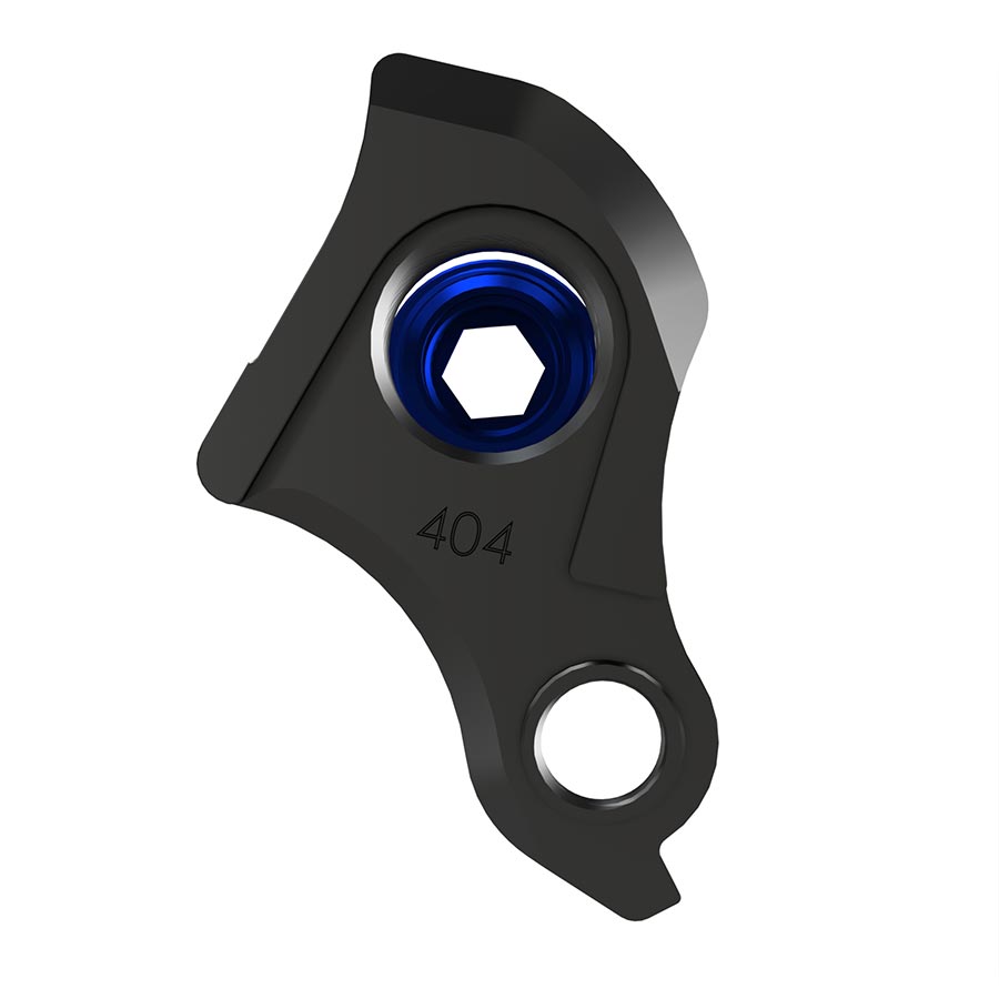 Wheels Manufacturing Dropout-404-02 UDH derailleur hanger for bike frames, shown mounted on a bicycle dropout.