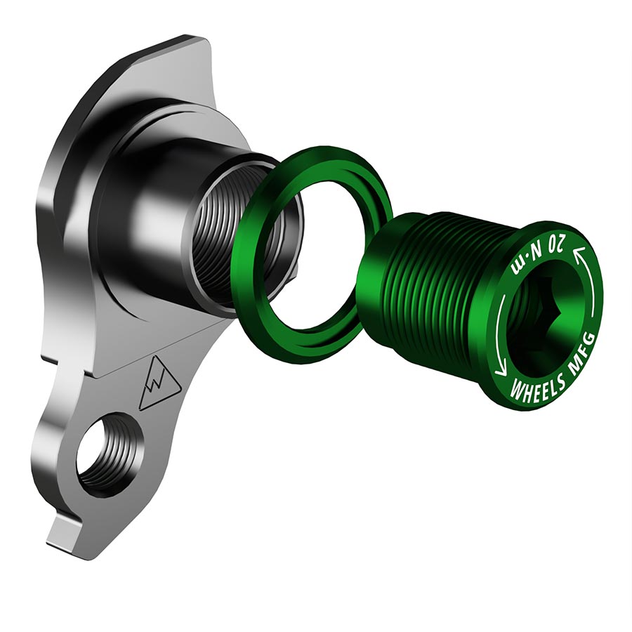 Wheels Manufacturing Dropout-404-02 UDH derailleur hanger for bike frames, shown in close-up with detailed metal construction.