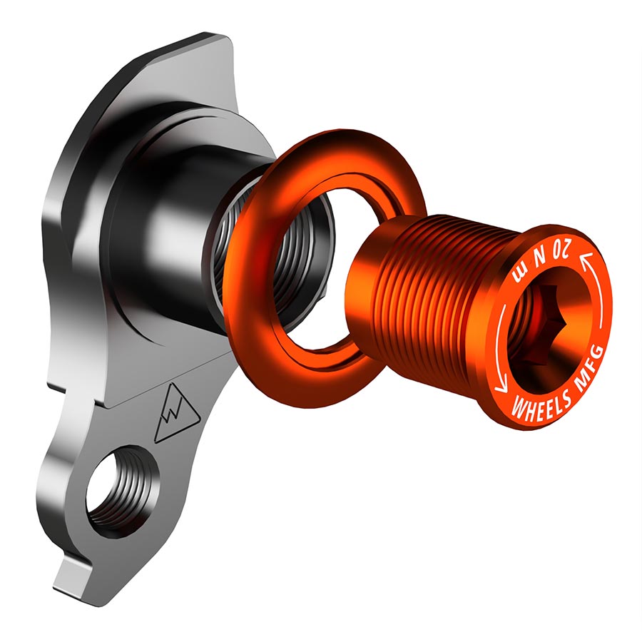 Wheels Manufacturing Dropout 487 derailleur hanger for Trek ABP and UDH bikes, shown in close-up on a bicycle frame.