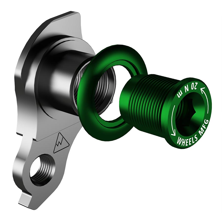 Wheels Manufacturing Dropout-487 derailleur hanger for Trek ABP and UDH bikes, shown on a bicycle frame with mounting details.