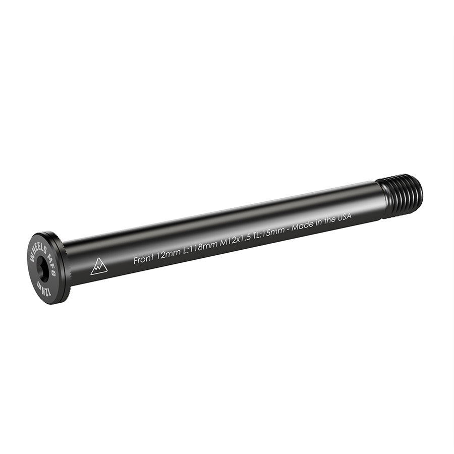 Wheels Manufacturing front 12mm thru axle with 120mm length, M12x1.50 thread pitch, designed for bicycle wheel compatibility.