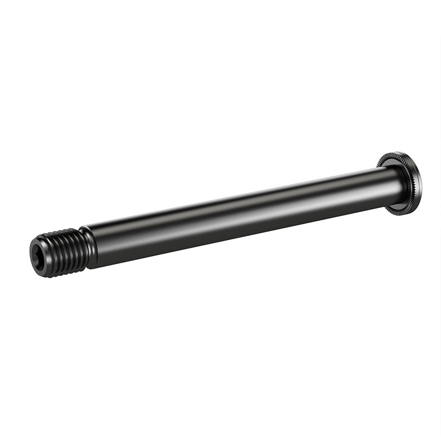 Wheels Manufacturing front 12mm thru axle with 120mm length and M12x1.50 thread pitch, shown installed on a bicycle fork.