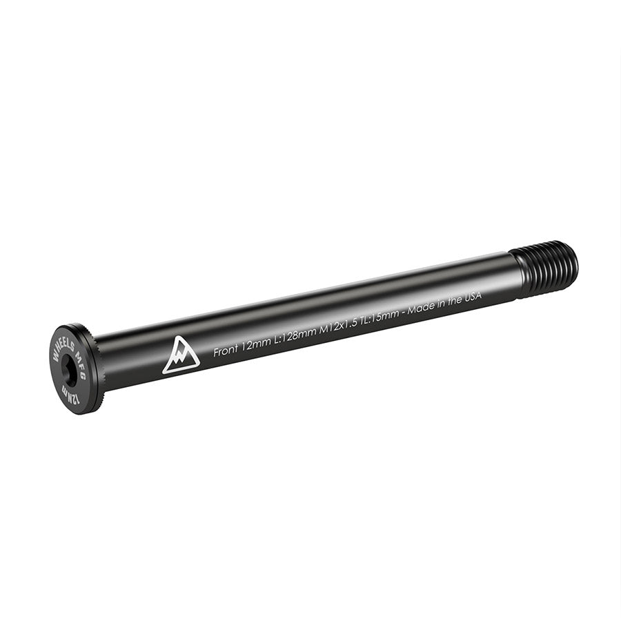 Wheels Manufacturing front 12mm thru axle with 120mm length, M12x1.50 thread pitch, showing the threaded end and axle body