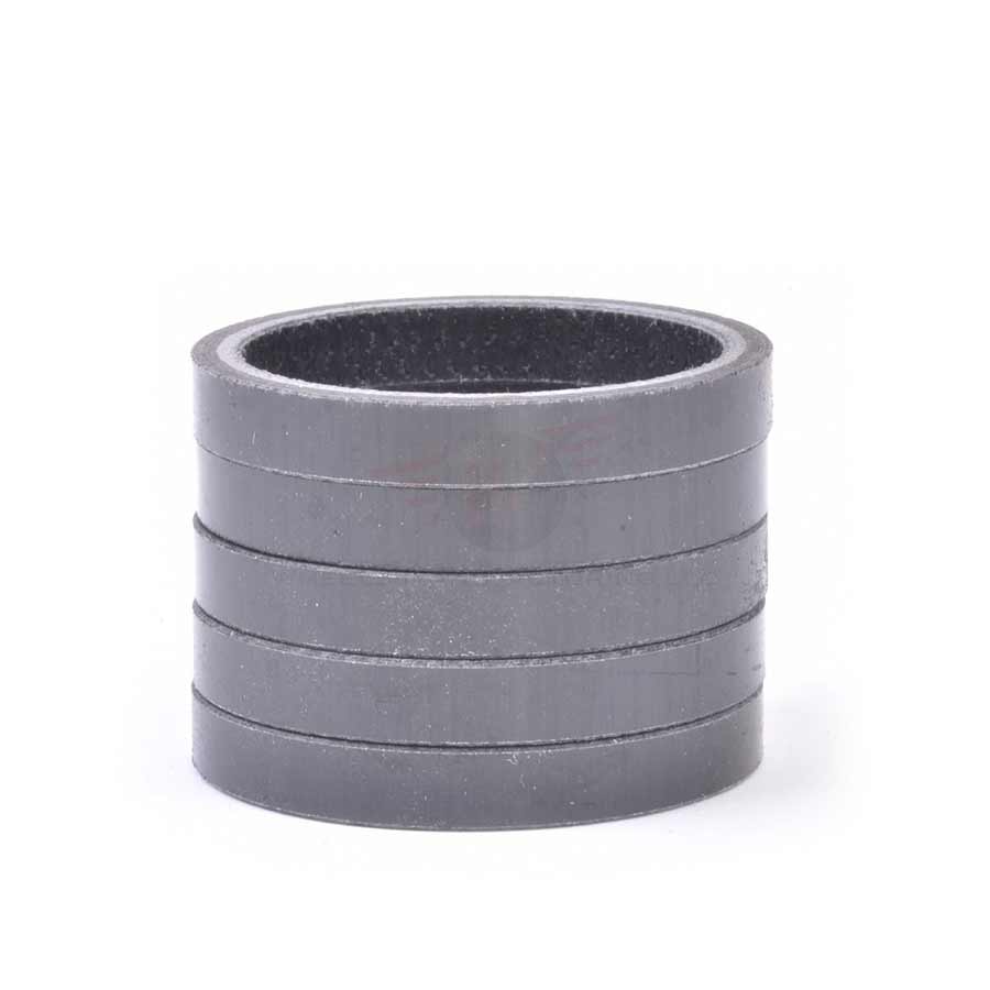 Gloss carbon headset spacers by Wheels Manufacturing, 1-1/8 inch, black, various heights including 2.5mm, 5mm, 10mm, 15mm, 20mm, set of 62.