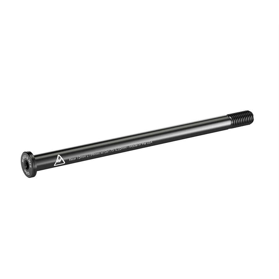 Wheels Manufacturing rear 12mm thru axle with 160mm thread length, M12x1.00 thread pitch, used for bicycle wheel attachment.
