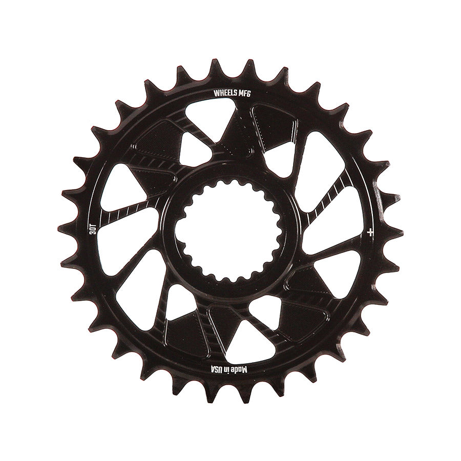 Shimano DM HG+ chainrings by Wheels Manufacturing, 28-tooth, 12 BCD, black aluminum, for 12-speed mountain bike drivetrain.