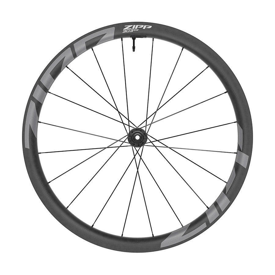 Zipp 303 SW Tubeless Disc A1 wheels front view, 700c size with center lock disc, tubeless-ready design, 20 spokes, 12mm thru-axle
