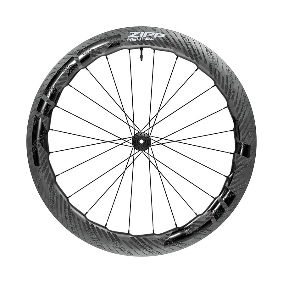 Zipp 454 NSW C1 wheels front view, 700c disc wheelset with 20 spokes, center lock, 12mm thru-axle, lightweight cycling wheels