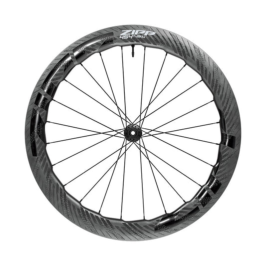 Zipp 454 NSW C1 wheels front view, 700c disc wheelset with 20 spokes, center lock, 12mm thru-axle, lightweight cycling wheels