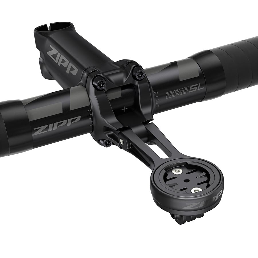 Zipp Service Course SL QuickView integrated bike computer mount on black stem, compatible with Garmin, Wahoo, or Hammerhead devices.