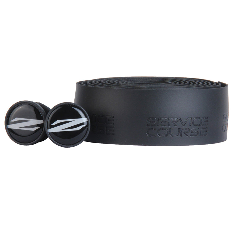 Black Zipp Service Course handlebar tape wrapped around a bicycle handlebar, showcasing its textured surface and sleek design.