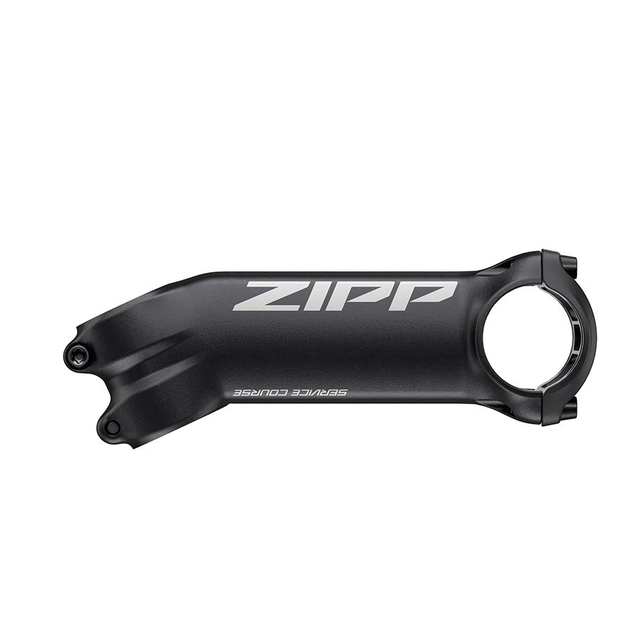 Black Zipp Service Course threadless stem with 75mm length and 1-1/8 inch steerer tube for mountain or road bikes.